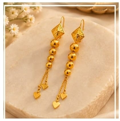 22K Gold Pyramid Dangles with Delicate Heart Charms